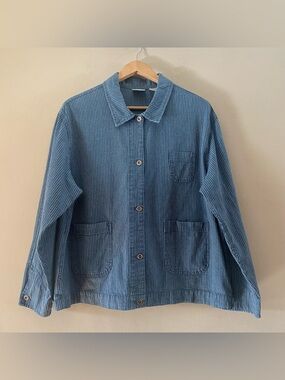 Vtg. Crossroads Y2K Indigo Pinstripe Button Utility Canvas Shirt Jacket Sz LARGE